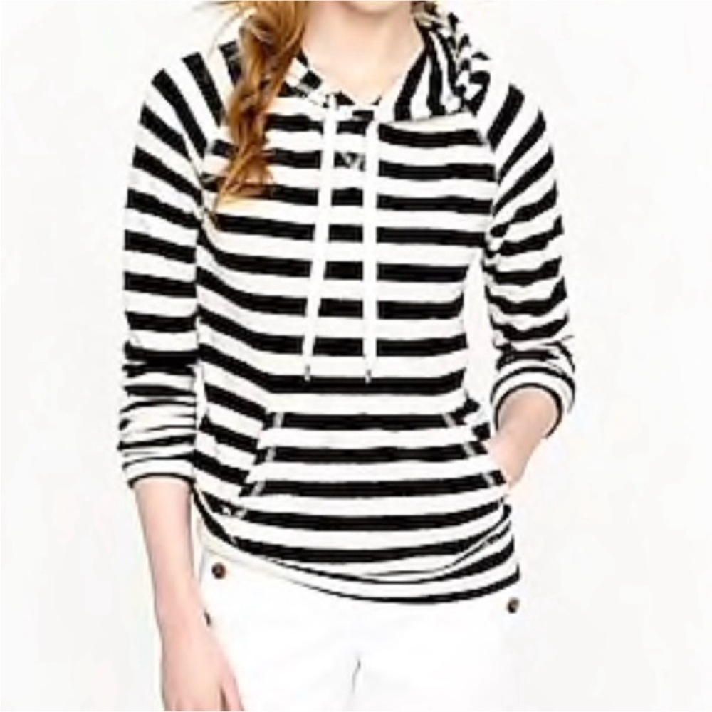 J.Crew Womens L Black White Sweatshirt Drawstring Hoodie Pullover Striped